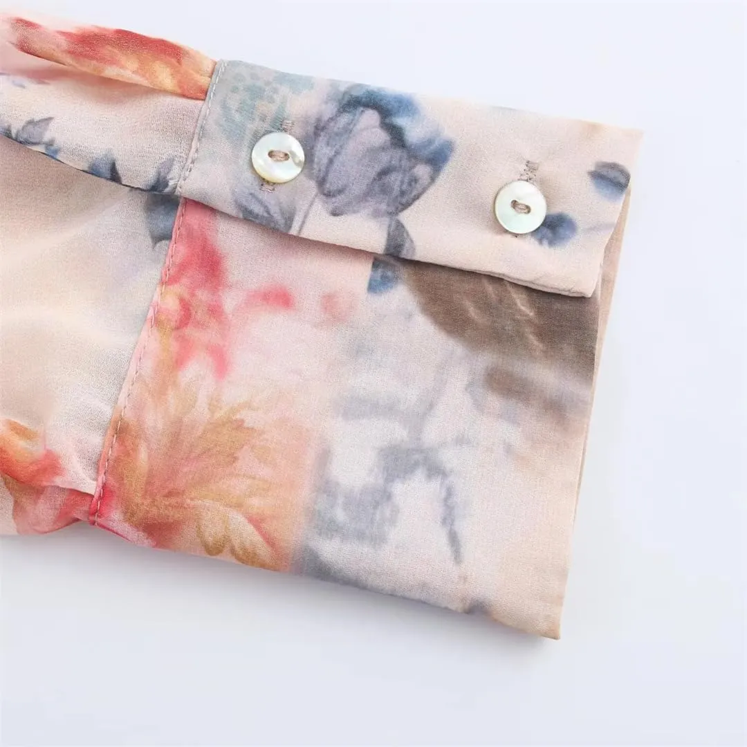 Women European American Style Blouse Bow Decoration Flower Print Shirts Loose Lace Up Top