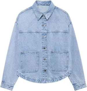 Women Loose Patchwork Pocket Blouse Lapel Long Sleeve Style Spring Jacket Casual Work Top