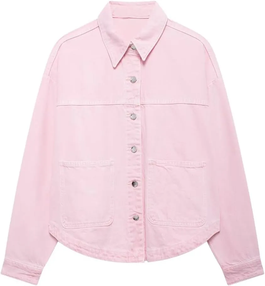 Women Loose Patchwork Pocket Blouse Lapel Long Sleeve Style Spring Jacket Casual Work Top
