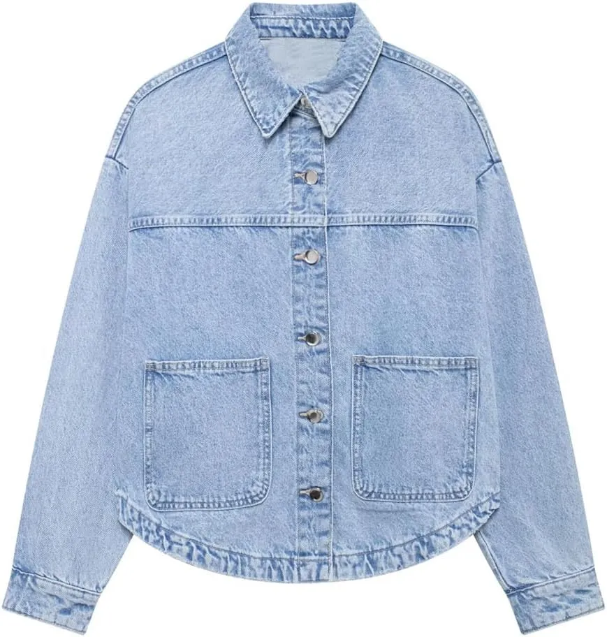 Women Loose Patchwork Pocket Blouse Lapel Long Sleeve Style Spring Jacket Casual Work Top