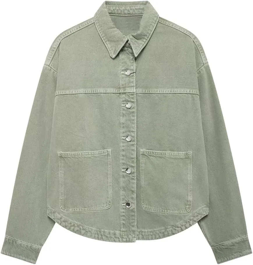 Women Loose Patchwork Pocket Blouse Lapel Long Sleeve Style Spring Jacket Casual Work Top