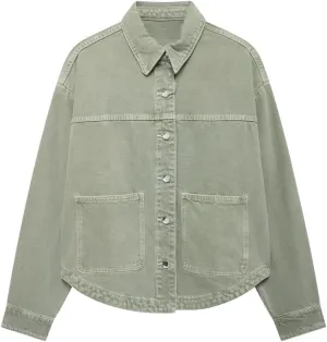 Women Loose Patchwork Pocket Blouse Lapel Long Sleeve Style Spring Jacket Casual Work Top