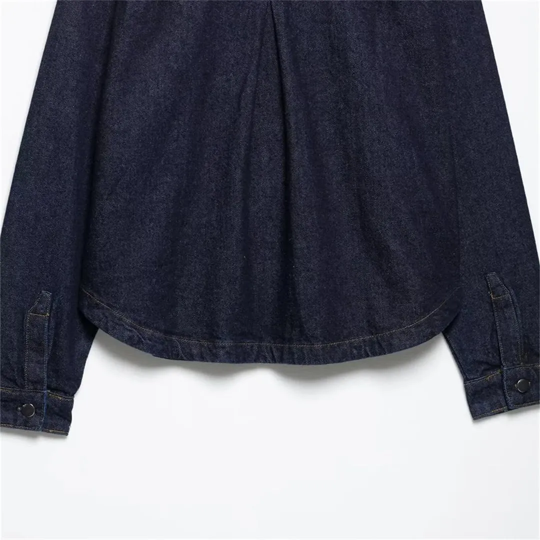 Women Loose Patchwork Pocket Blouse Lapel Long Sleeve Style Spring Jacket Casual Work Top
