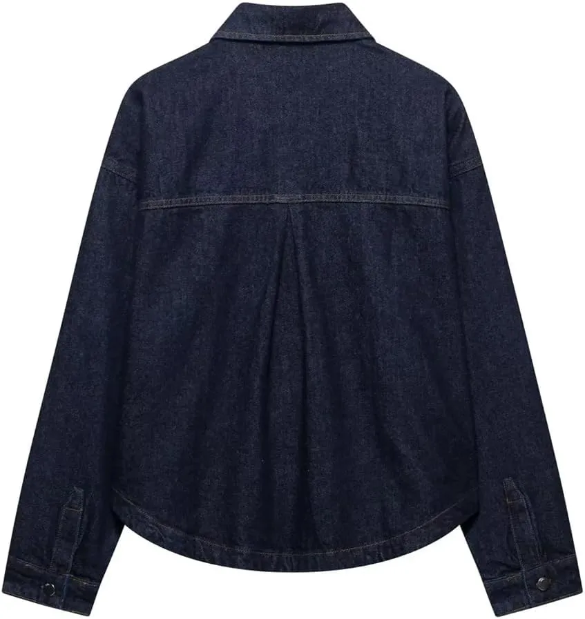Women Loose Patchwork Pocket Blouse Lapel Long Sleeve Style Spring Jacket Casual Work Top