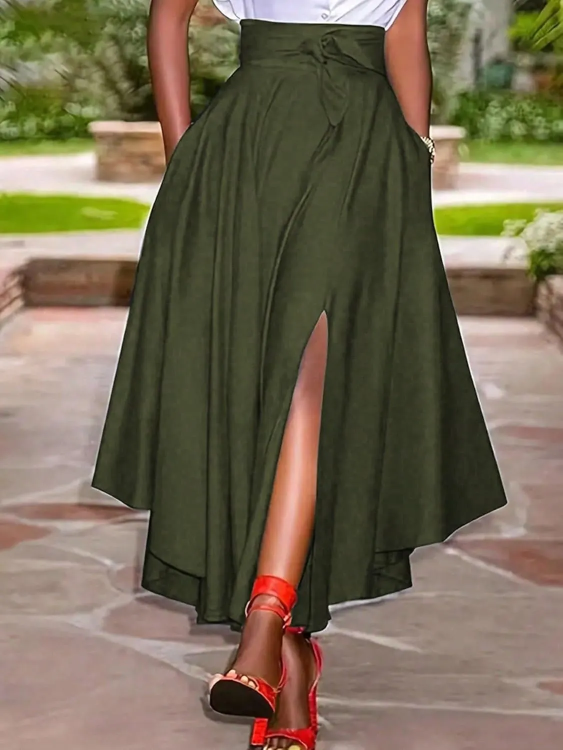 Women's Basic Solid Color Women's Casual Pocket Wrap Elegant Long Skirt Flared Geometric Casual Skirts