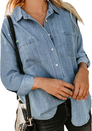Women's Denim Button Down Shirt Long Sleeve Solid Jean Top Business Casual Blouse for Spring Fall 2025