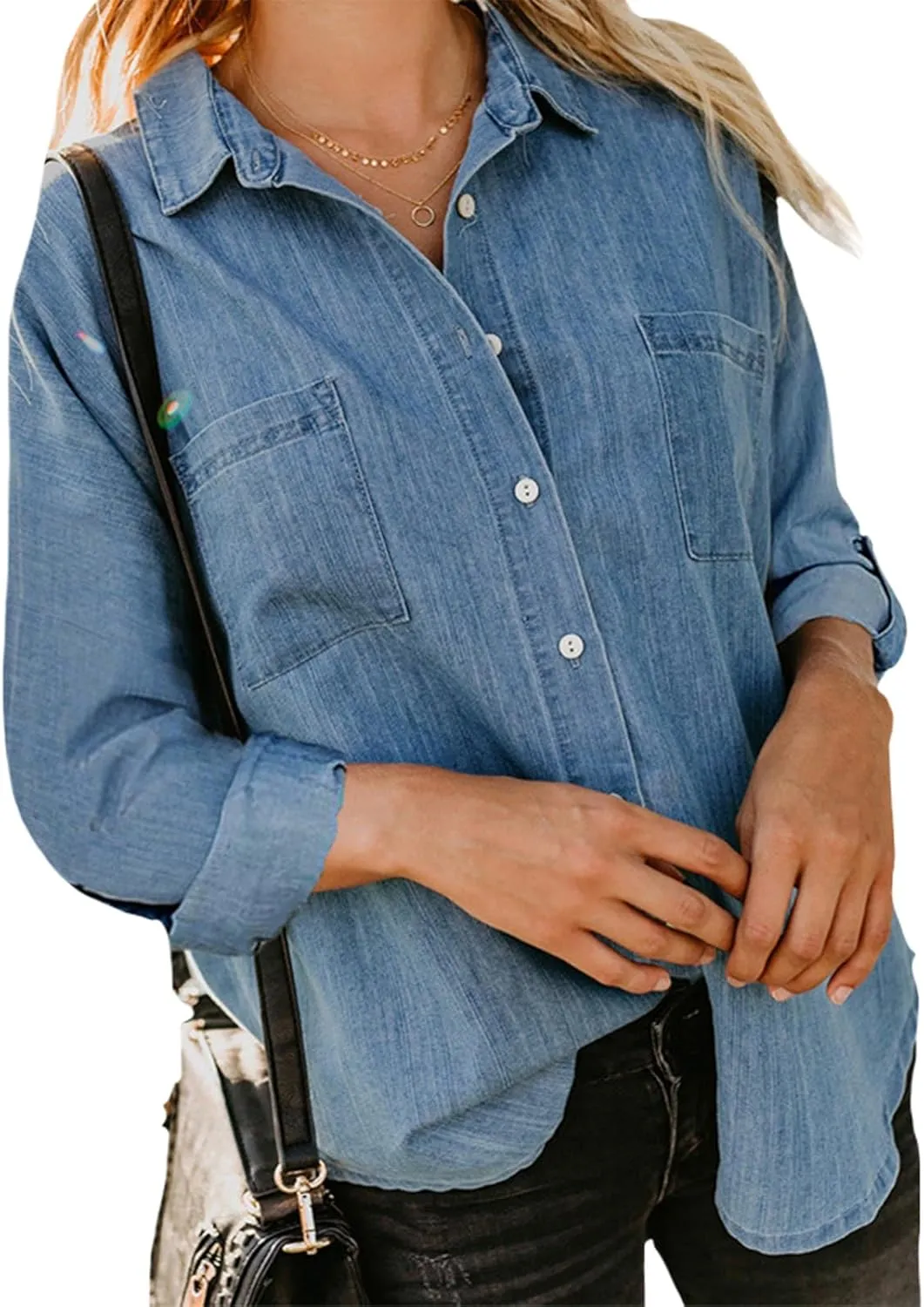 Women's Denim Button Down Shirt Long Sleeve Solid Jean Top Business Casual Blouse for Spring Fall 2025