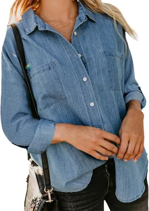 Women's Denim Button Down Shirt Long Sleeve Solid Jean Top Business Casual Blouse for Spring Fall 2025