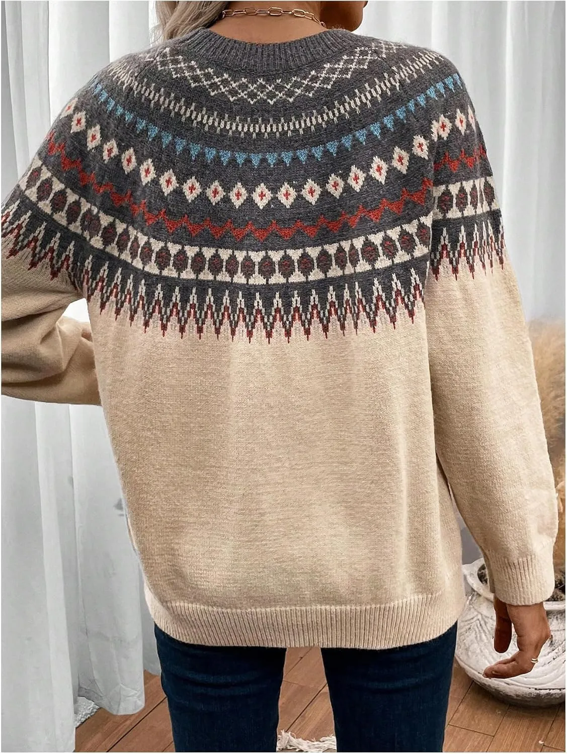 Women's Geometric Pattern Sweater Long Sleeve Crewneck Fair Isle Sweaters Christmas Pullovers Top