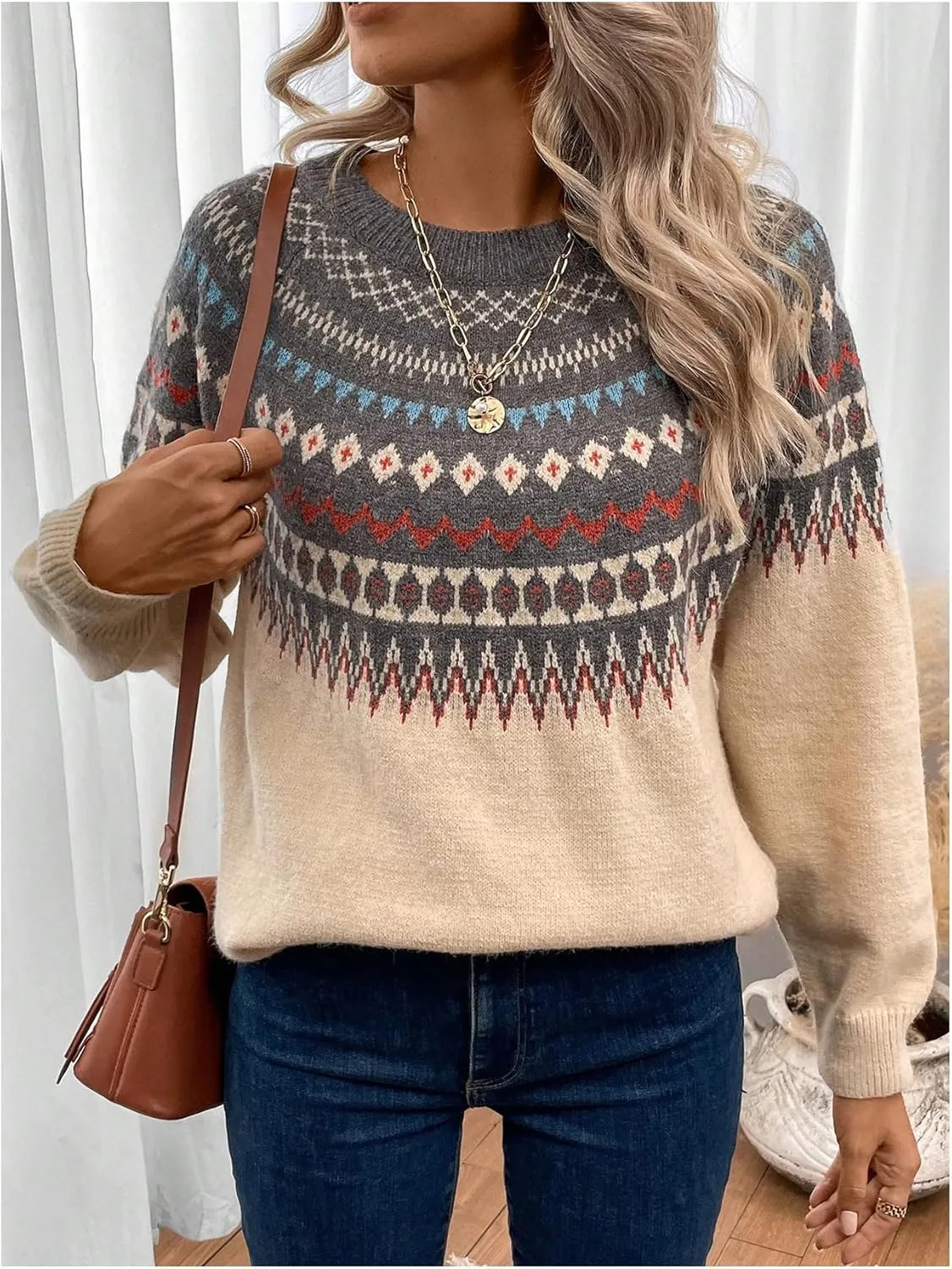Women's Geometric Pattern Sweater Long Sleeve Crewneck Fair Isle Sweaters Christmas Pullovers Top