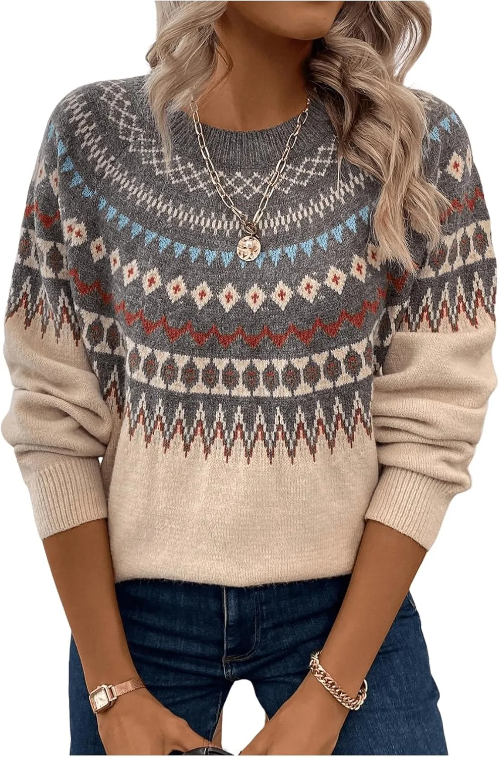 Women's Geometric Pattern Sweater Long Sleeve Crewneck Fair Isle Sweaters Christmas Pullovers Top