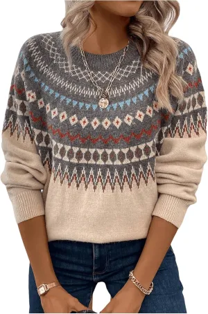 Women's Geometric Pattern Sweater Long Sleeve Crewneck Fair Isle Sweaters Christmas Pullovers Top