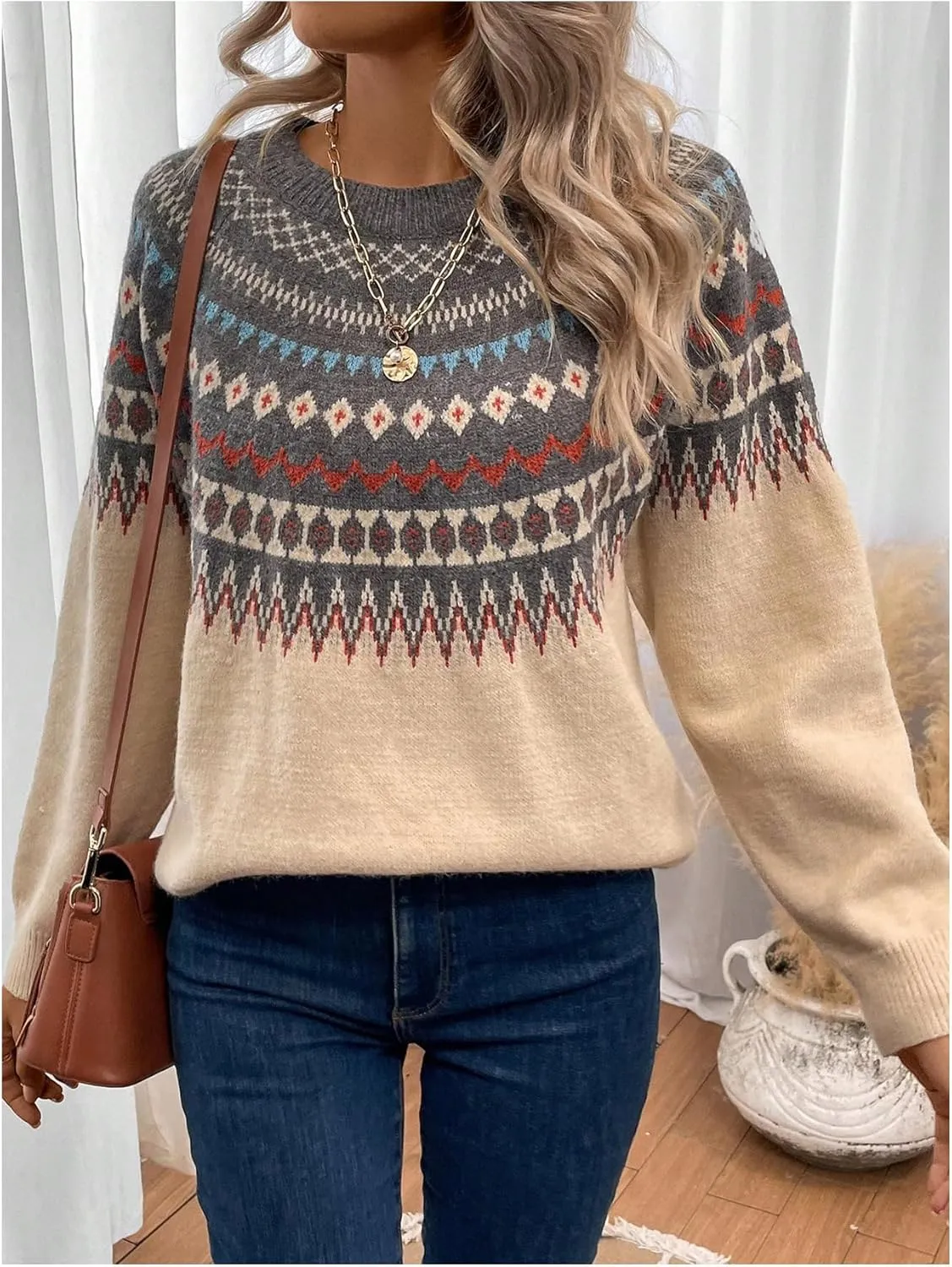 Women's Geometric Pattern Sweater Long Sleeve Crewneck Fair Isle Sweaters Christmas Pullovers Top