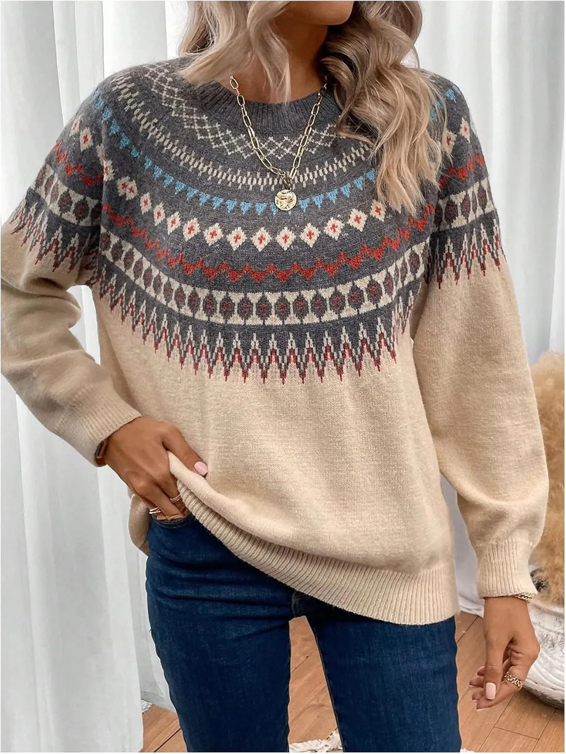 Women's Geometric Pattern Sweater Long Sleeve Crewneck Fair Isle Sweaters Christmas Pullovers Top
