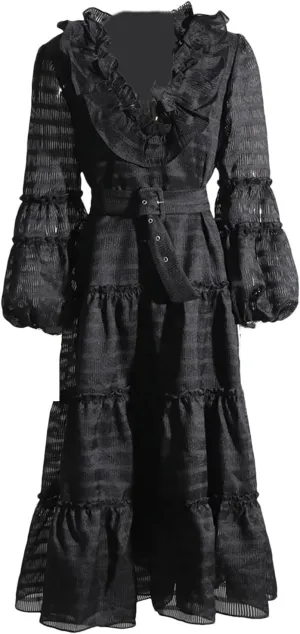 Women's Spring and Summer Style V-Neck Solid Color Lantern Sleeve Dress High Waist Splicing Belt Temperament Long Skirt
