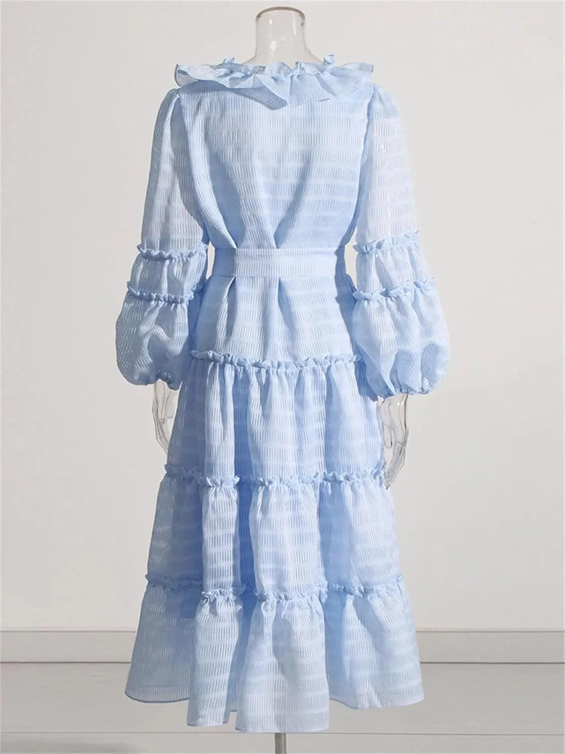 Women's Spring and Summer Style V-Neck Solid Color Lantern Sleeve Dress High Waist Splicing Belt Temperament Long Skirt