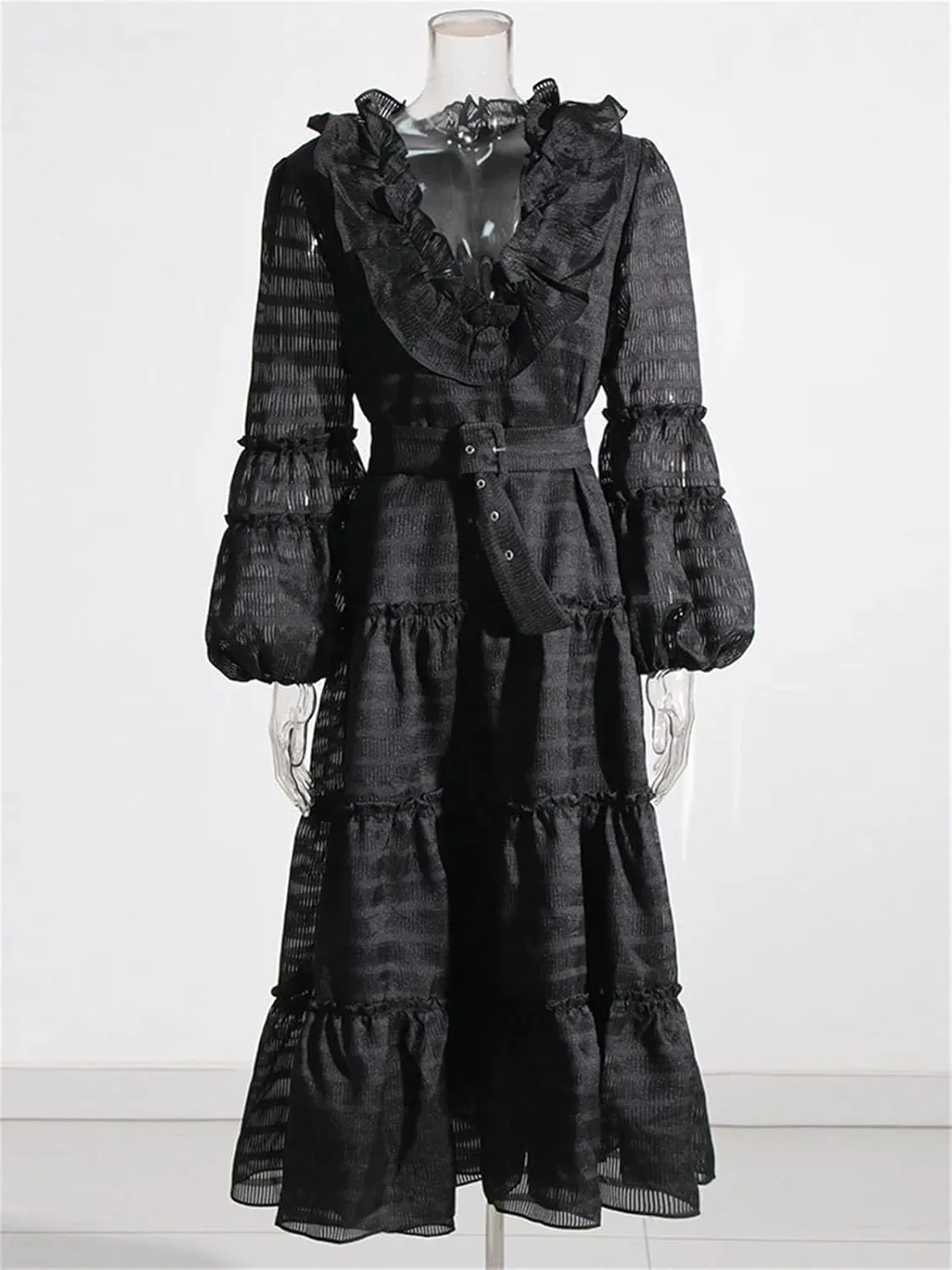 Women's Spring and Summer Style V-Neck Solid Color Lantern Sleeve Dress High Waist Splicing Belt Temperament Long Skirt