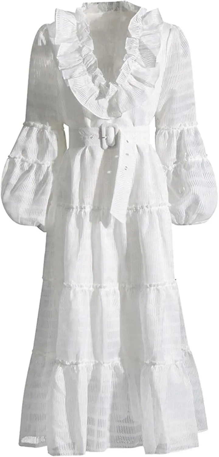 Women's Spring and Summer Style V-Neck Solid Color Lantern Sleeve Dress High Waist Splicing Belt Temperament Long Skirt