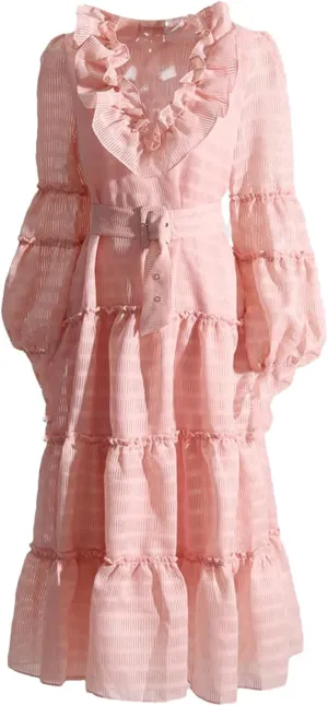 Women's Spring and Summer Style V-Neck Solid Color Lantern Sleeve Dress High Waist Splicing Belt Temperament Long Skirt