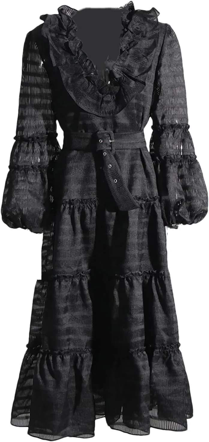 Women's Spring and Summer Style V-Neck Solid Color Lantern Sleeve Dress High Waist Splicing Belt Temperament Long Skirt