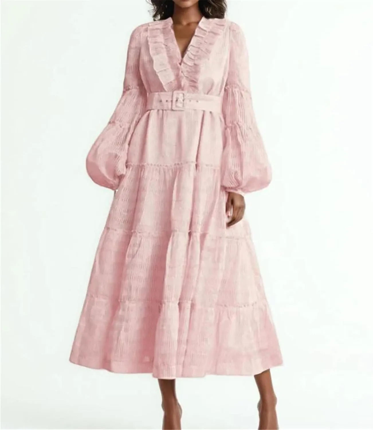 Women's Spring and Summer Style V-Neck Solid Color Lantern Sleeve Dress High Waist Splicing Belt Temperament Long Skirt